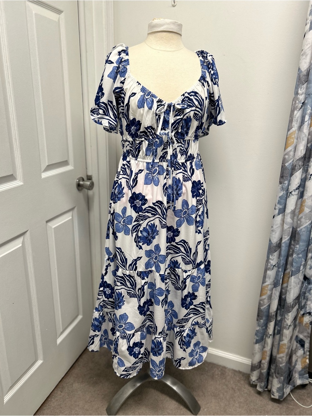 Floral Tie-Front Midi Dress in Blue and White